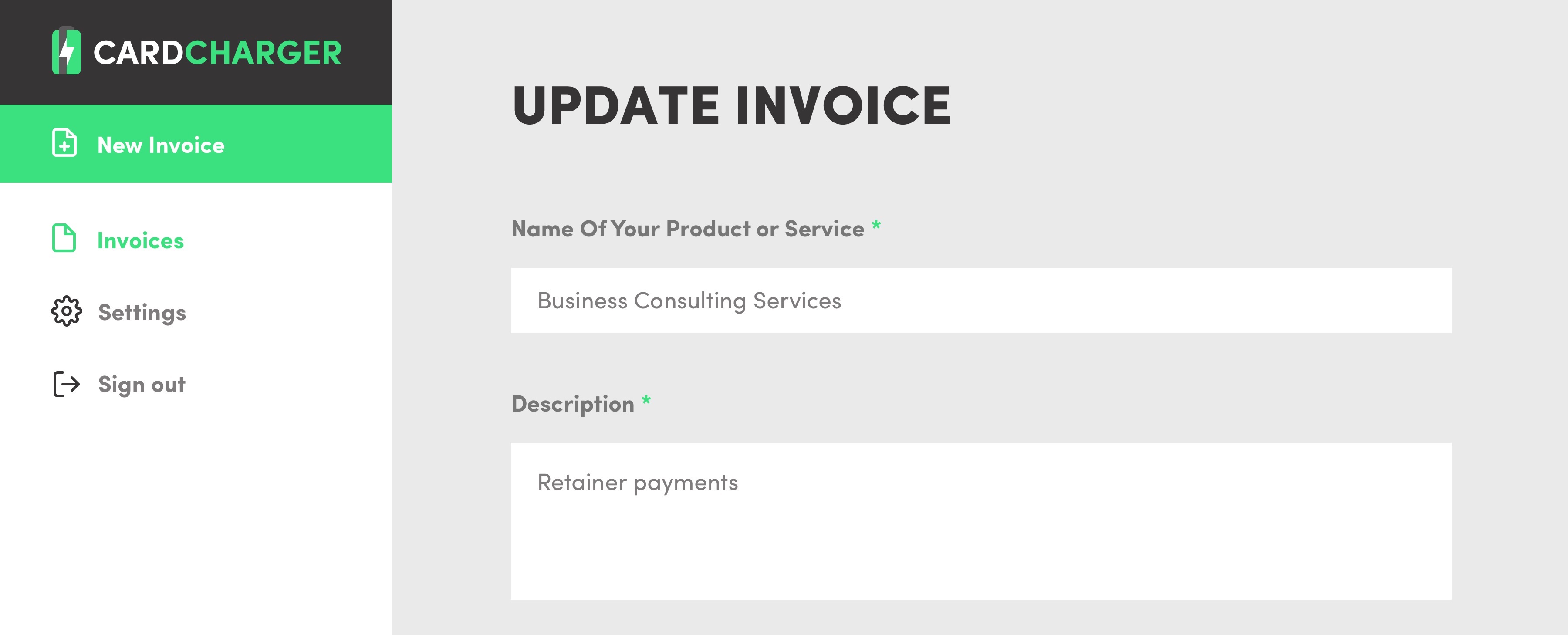 Screenshot of the CardCharger app